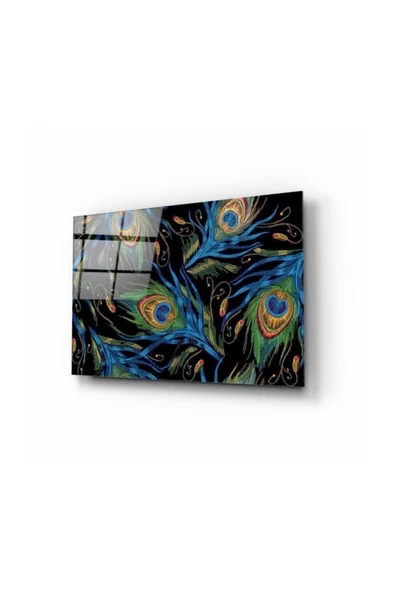 Tavuskuşu Tüyleri Dekoratif ve Modern Cam Tablo 50x70 Cm