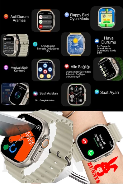 Samsung Galaxy A30 Uyumlu Akıllı Saat Konuşma Özellikli Watch 8 Ultra 49MM AMOLED EKRAN - 4