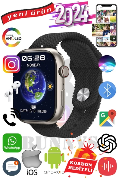 Samsung Galaxy A50 Uyumlu Akıllı Saat Watch 9 Max+2024 45mm Kordon Hediyeli Amoled Ekran