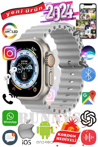 Samsung Galaxy A50 Uyumlu Akıllı Saat ULTRA MAX 2024 Kordon Hediyeli Amoled Ekran