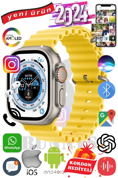 Samsung Galaxy A50 Uyumlu Akıllı Saat ULTRA MAX 2024 Kordon Hediyeli Amoled Ekran