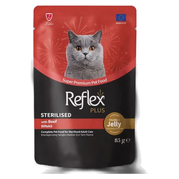 Reflex Plus Jöle İçinde Et Parçacıklı Biftekli Kısırlaştırılmış Yetişkin Kedi Maması 85 Gr