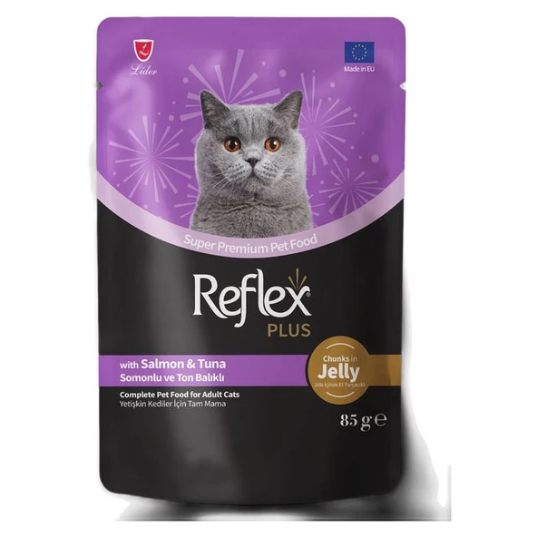 Reflex Plus Jöle İçinde Et Parçacıklı Somonlu & Ton Balıklı Yetişkin Kedi Maması 85 Gr