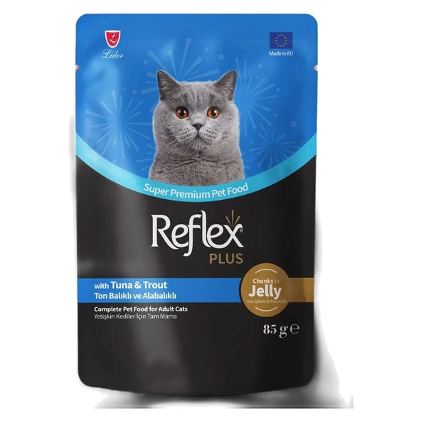 Reflex Plus Jöle İçinde Et Parçacıklı Ton Balıklı Ve Alabalıklı Yetişkin Kedi Maması 85 Gr