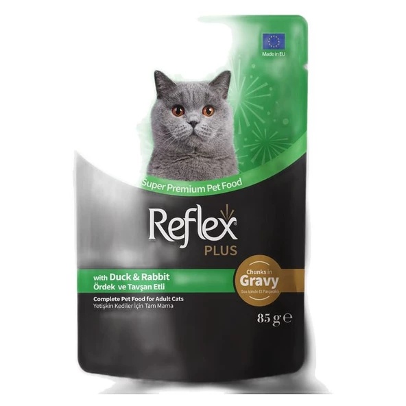 Reflex Plus Sos İçinde Et Parçacıklı Ördekli & Tavşanlı Yetişkin Kedi Maması 85 Gr