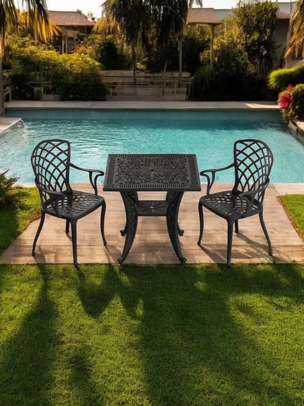 Ferforje görünümlü Plastik Kare Hitit Masa Sandalye Takımı 1 Masa 2 Sandalye Balkon, Bahçe Mobilyası - 8