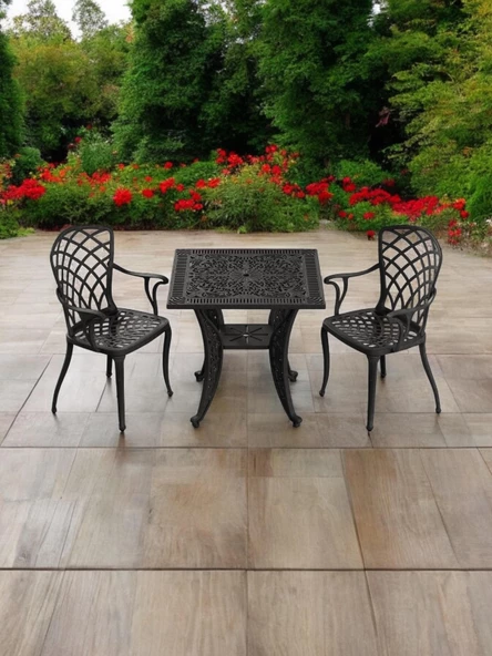 Ferforje görünümlü Plastik Kare Hitit Masa Sandalye Takımı 1 Masa 2 Sandalye Balkon, Bahçe Mobilyası - 10