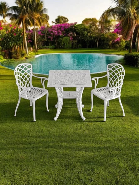 Ferforje görünümlü Plastik Kare Hitit Masa Sandalye Takımı 1 Masa 2 Sandalye Balkon, Bahçe Mobilyası - 2