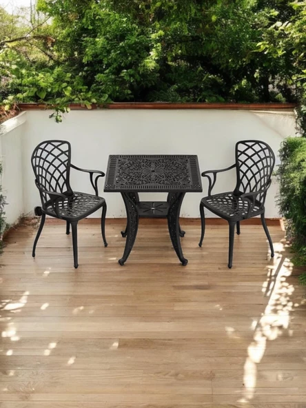 Ferforje görünümlü Plastik Kare Hitit Masa Sandalye Takımı 1 Masa 2 Sandalye Balkon, Bahçe Mobilyası - 9