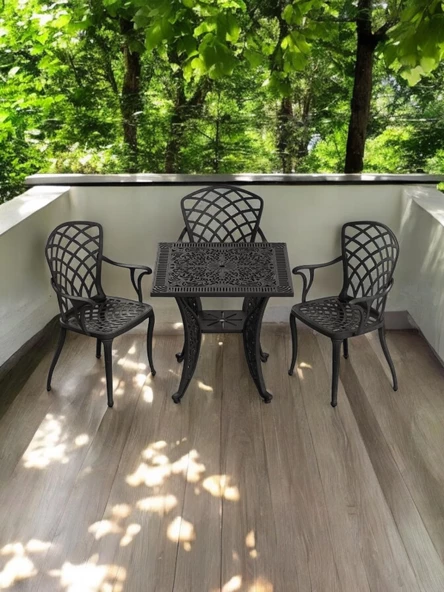 Ferforje görünümlü Plastik Kare Hitit Masa Sandalye Takımı 1 Masa 3 Sandalye Balkon, Bahçe Mobilyası - 7