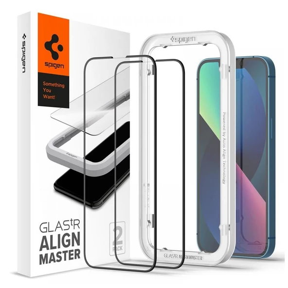 iPhone 14 Plus / iPhone 13 Pro Max Uyumlu Kolay Kurulum Ekran Koruyucu, Spigen Glas.tR Align Master Full Cover Black (2 Adet)