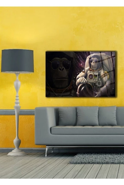 Astronot Maymun Dekoratif ve Modern Cam Tablo Duvar Dekarasyonu ürün görseli 1
