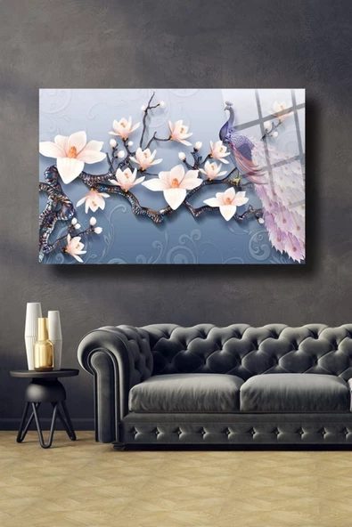 Çin Tavus Kuşu Dekoratif ve Modern Cam Tablo Duvar Dekarasyonu