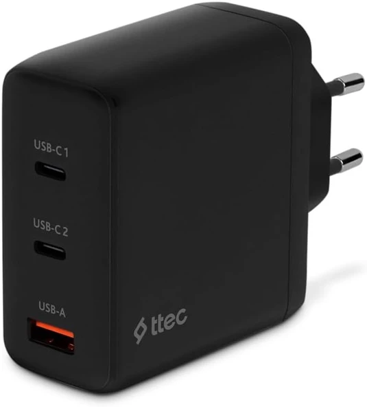 SmartCharger Trio GAN 120W PD Seyahat Hızlı Şarj Aleti 2 USB-C+USB-A Siyah