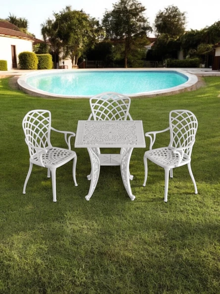 Ferforje görünümlü Plastik Kare Hitit Masa Sandalye Takımı 1 Masa 3 Sandalye Balkon, Bahçe Mobilyası - 2