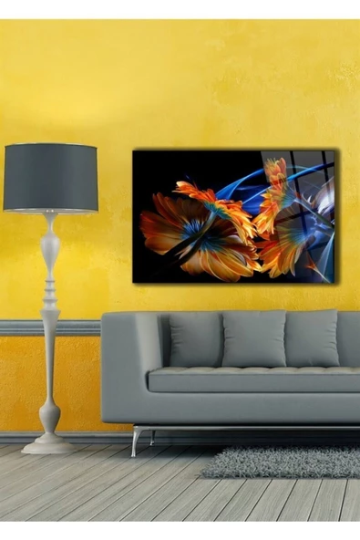 Neon Çiçek Dekoratif ve Modern Cam Tablo Duvar Dekarasyonu