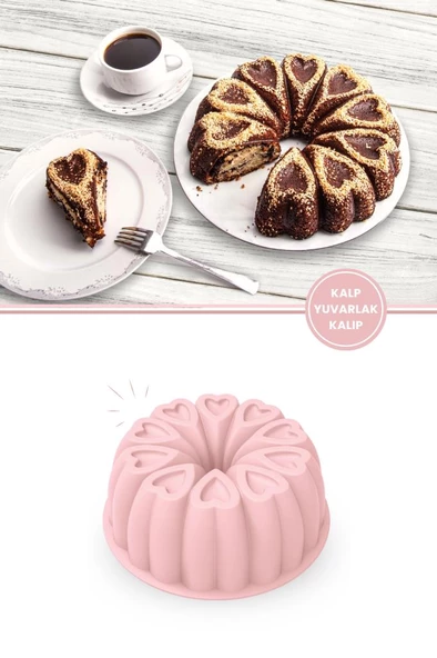 Kalp Desenli Yuvarlak Silikon Kek Kalıbı 23 cm - 9