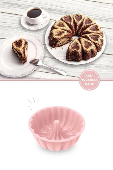 Kalp Desenli Yuvarlak Silikon Kek Kalıbı 23 cm - 12