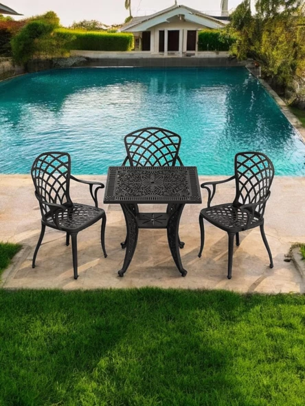 Ferforje görünümlü Plastik Kare Hitit Masa Sandalye Takımı 1 Masa 3 Sandalye Balkon, Bahçe Mobilyası - 8