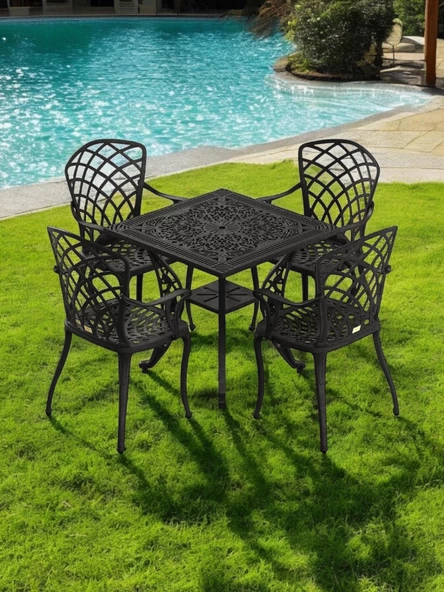 Ferforje görünümlü Plastik Kare Hitit Masa Sandalye Takımı 1 Masa 4 Sandalye Balkon, Bahçe Mobilyası - 8