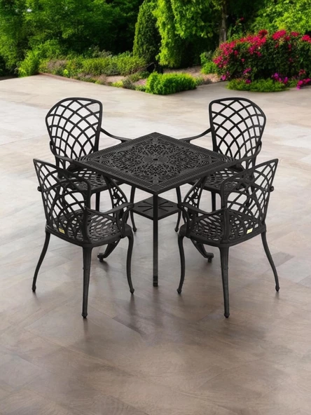 Ferforje görünümlü Plastik Kare Hitit Masa Sandalye Takımı 1 Masa 4 Sandalye Balkon, Bahçe Mobilyası - 7