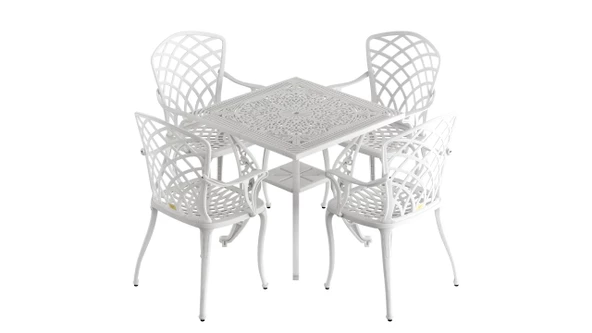 Ferforje görünümlü Plastik Kare Hitit Masa Sandalye Takımı 1 Masa 4 Sandalye Balkon, Bahçe Mobilyası - 12