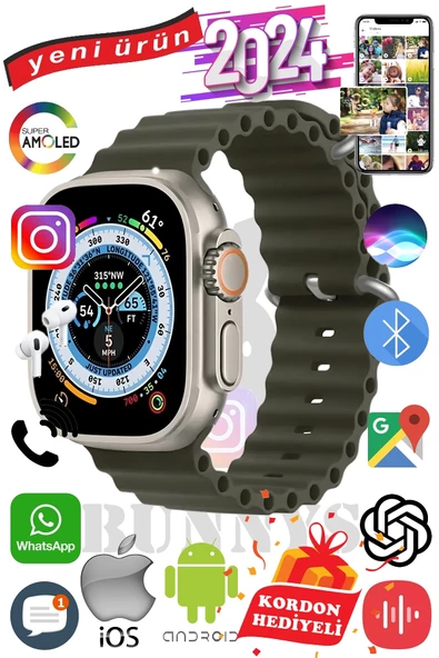 Samsung Galaxy S20 Ultra Uyumlu Akıllı Saat ULTRA MAX 2024 Kordon Hediyeli Amoled Ekran