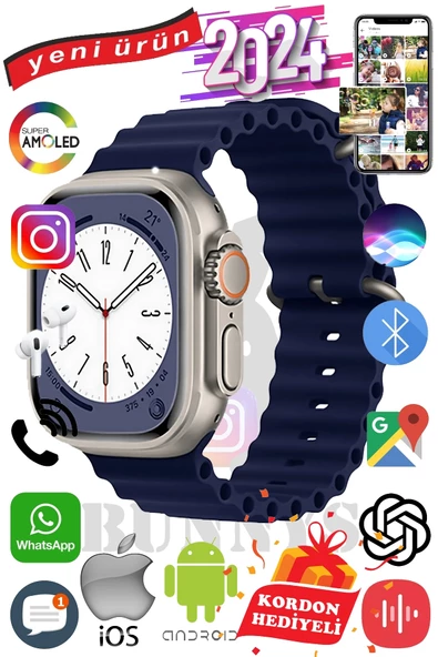 Samsung Galaxy Note 20 Ultra Uyumlu Akıllı Saat ULTRA MAX 2024 Kordon Hediyeli Amoled Ekran