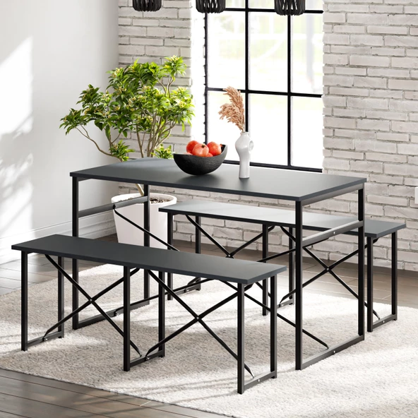 Eportatif Masa Takımı Bench Bank Masa Seti 120x60 Masa Mutfak Masası Yemek Masası Füme 1553