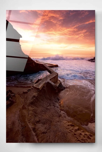 Digi-art Dalgalar Ve Gün Batımı Dekoratif ve Modern Cam Tablo 70x110
