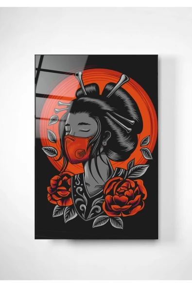 Digi-art Red Geisha Dekoratif ve Modern Cam Tablo 60x90