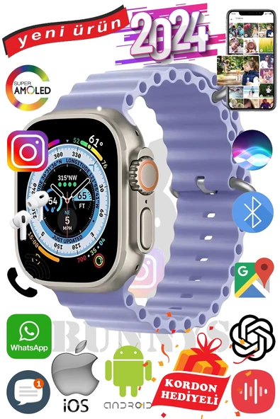 Samsung Galaxy S22 Ultra Uyumlu Akıllı Saat ULTRA MAX 2024 Kordon Hediyeli Amoled Ekran