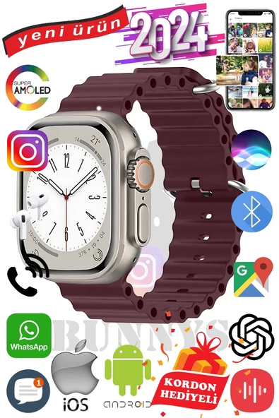 Samsung Galaxy Z Flip Uyumlu Akıllı Saat ULTRA MAX 2024 Kordon Hediyeli Amoled Ekran