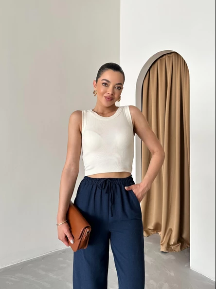 Lacivert Beli Lastikli Pamuklu Keten Pantolon - 3
