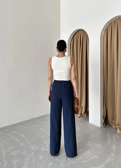 Lacivert Beli Lastikli Pamuklu Keten Pantolon - 7