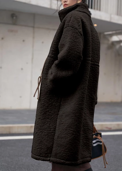 Peluş Beli Bağcıklı Kışlık Fermuarlı Tüylü Kadın Ceket - 2