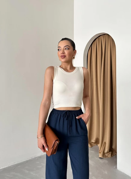 Lacivert Beli Lastikli Pamuklu Keten Pantolon - 6