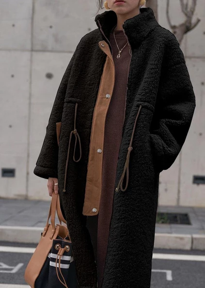 Peluş Beli Bağcıklı Kışlık Fermuarlı Tüylü Kadın Ceket - 3