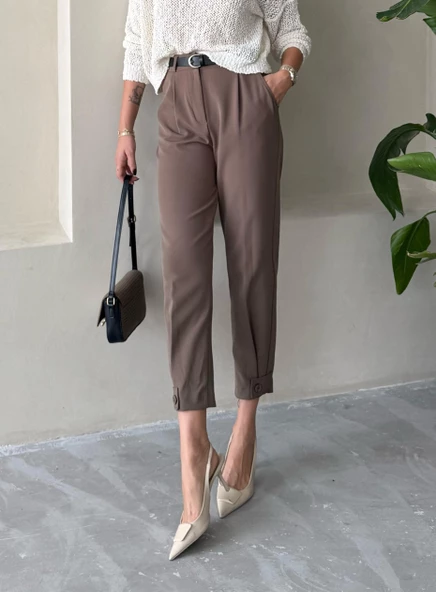 Kahve Ruby Paçası Düğmeli Pantolon