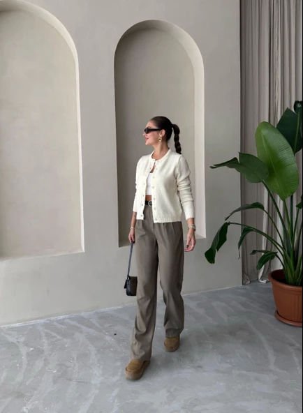 Haki İdole Kemerli Palazzo Pantolon - 5