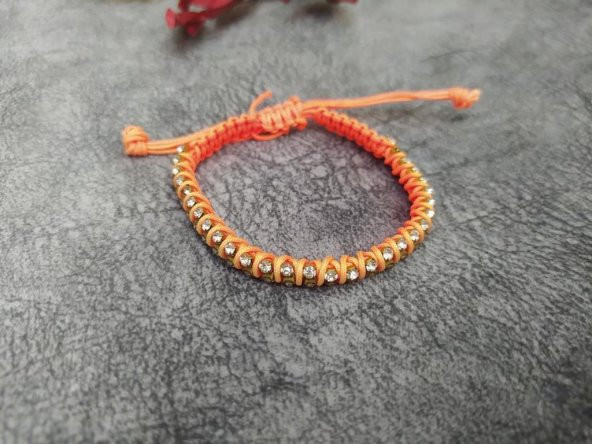 Deri Üzeri Turuncu İp Swaroski Taşlı Tasarım Ayarlanabilir - 2