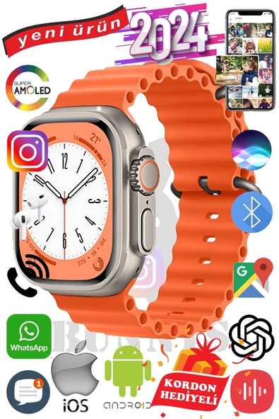 Xiaomi Mi 10 Uyumlu Akıllı Saat ULTRA MAX 2024 Kordon Hediyeli Amoled Ekran