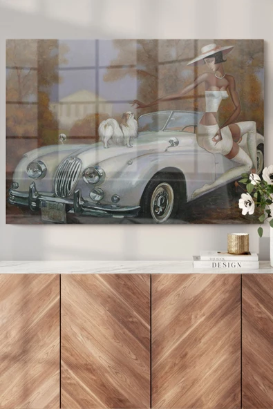 Şapkalı Kadın Ve Köpeği | Sanat Temalı Dekoratif ve Modern Cam Tablo | 50x70 Cm ürün görseli