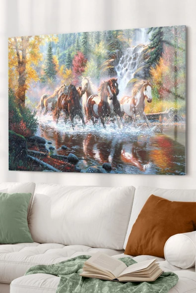 Göl Ve Koşan Atlar | Hayvanlar Temalı Dekoratif ve Modern Cam Tablo | 50x70 Cm