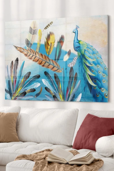 Tavus Kuşu Ve Tüy | Hayvan Temalı Dekoratif ve Modern Cam Tablo | 50x70 Cm