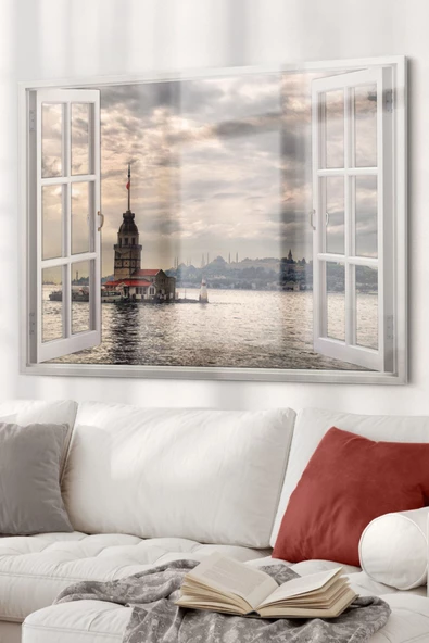 Pencere Ve Kız Kulesi | Şehir Temalı Dekoratif ve Modern Cam Tablo | 50x70 Cm