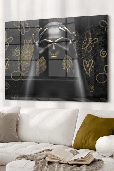 Gold Detaylı Siyahi Kadın Black Women Kelebek | Etnik Temalıcam Tablo | 50x70 Cm ürün görseli 1