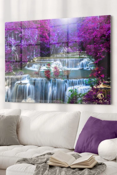 Mor Ağaç Ve Şelale | Doğa Temalı Dekoratif ve Modern Cam Tablo | 50x70 Cm