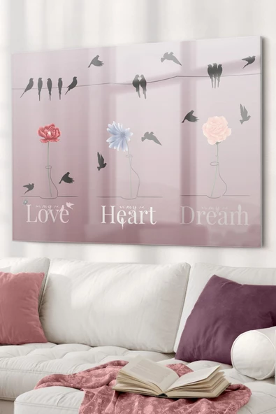 Çiçek Ve Kuşlar Love Heart Dream| Hayvan Temalı Dekoratif ve Modern Cam Tablo | 50x70 Cm ürün görseli