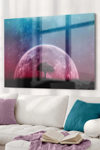 Galaksi Ve Ağaç Temalı | Manzara Temalı Dekoratif ve Modern Cam Tablo | 50x70 Cm